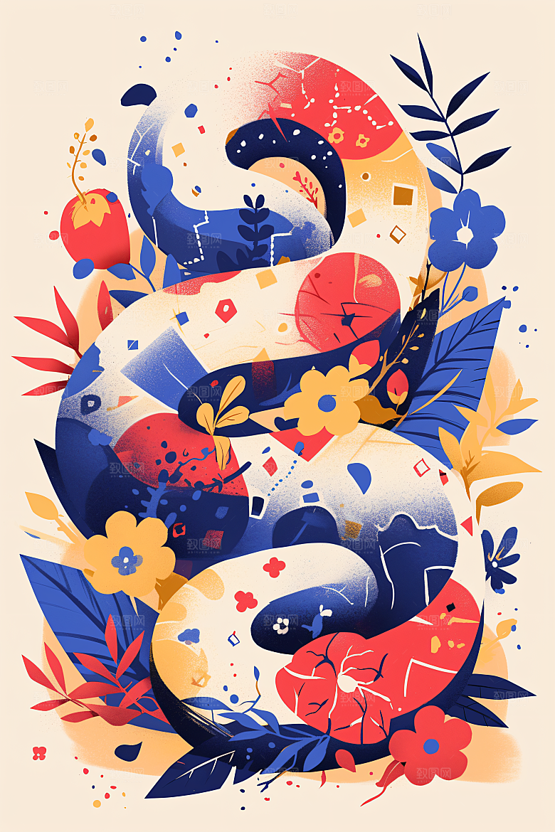 扁平风蛇年清新手绘插画