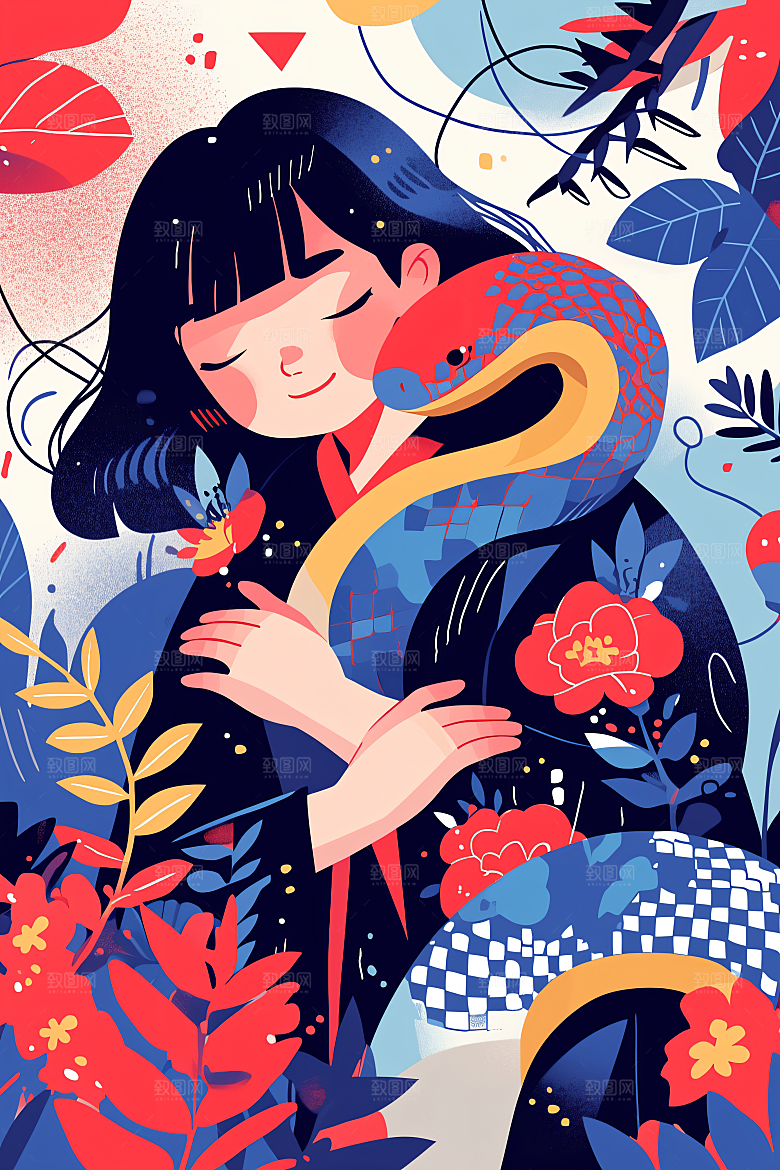 扁平风蛇年手绘色块插画