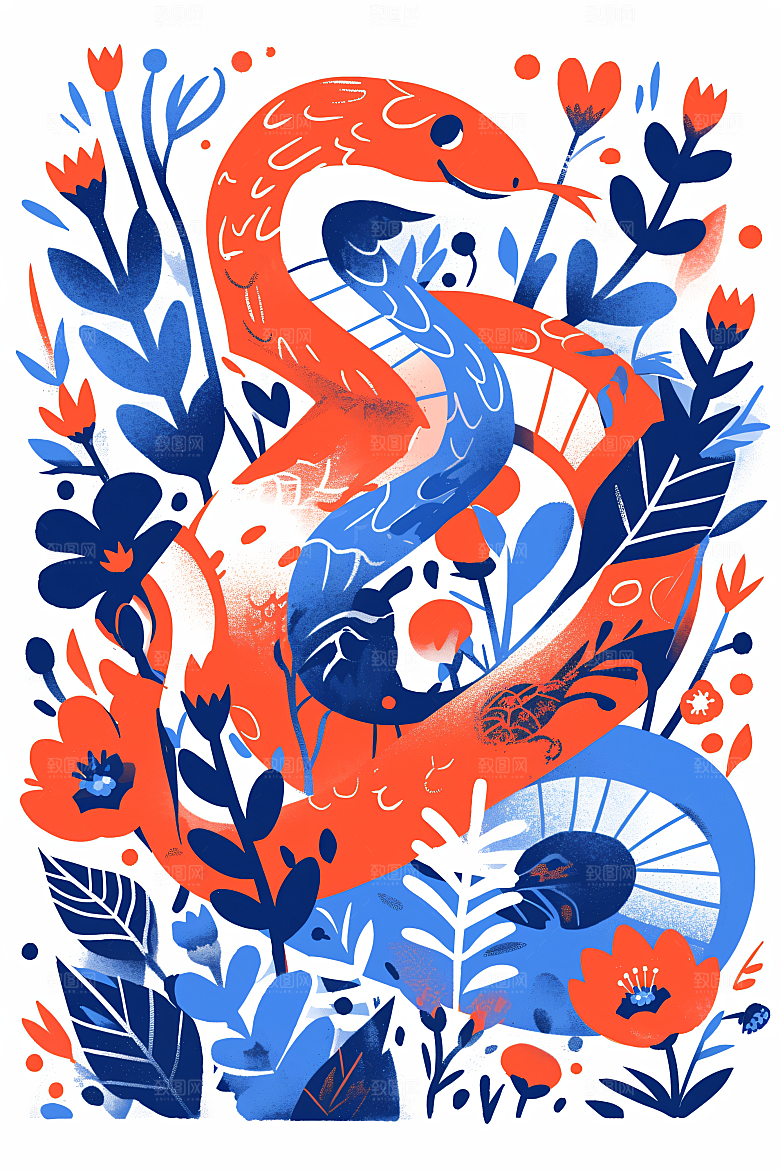 扁平风蛇年撞色色块插画