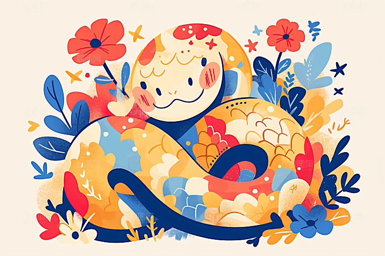 扁平风蛇年平面撞色插画