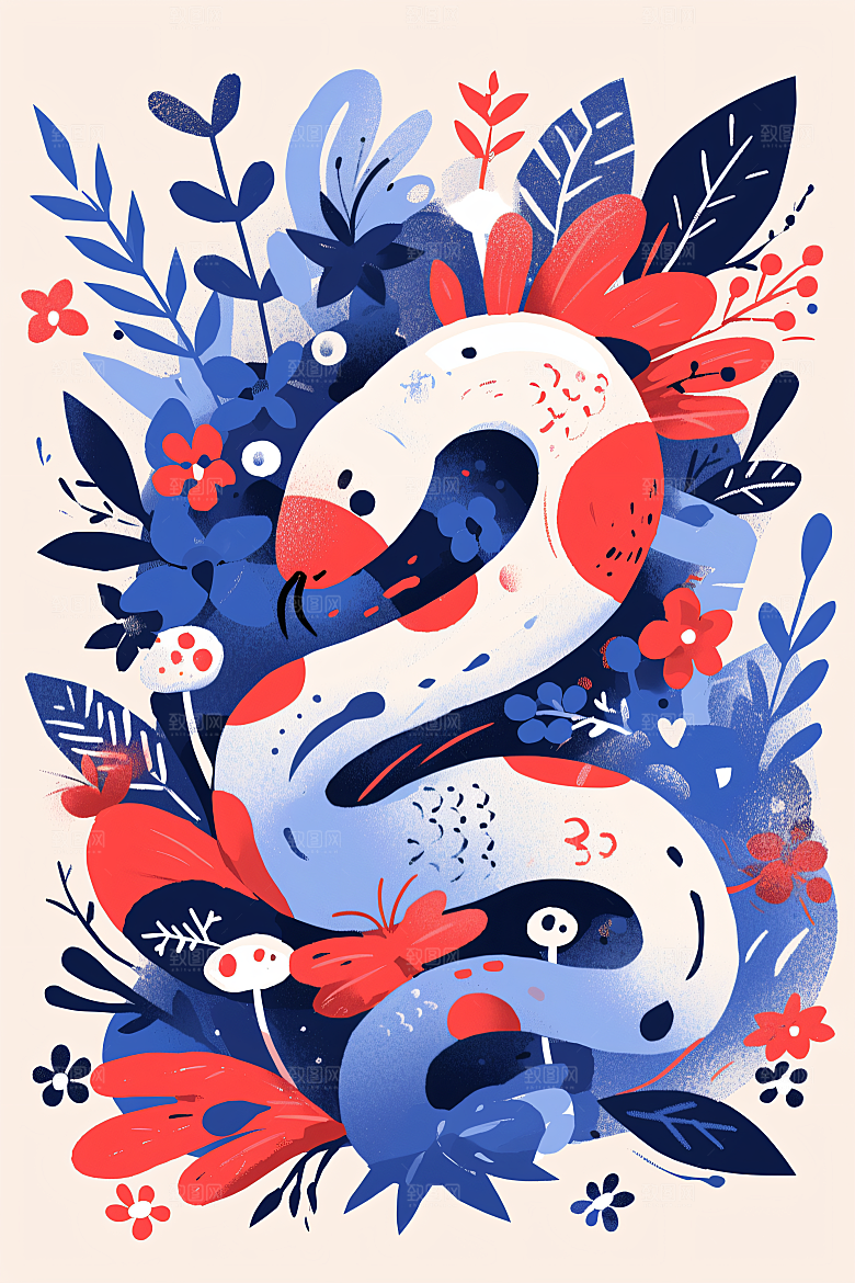 扁平风蛇年自然动物插画