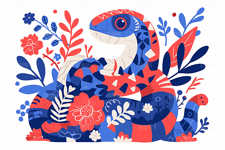 扁平风蛇年撞色生态插画