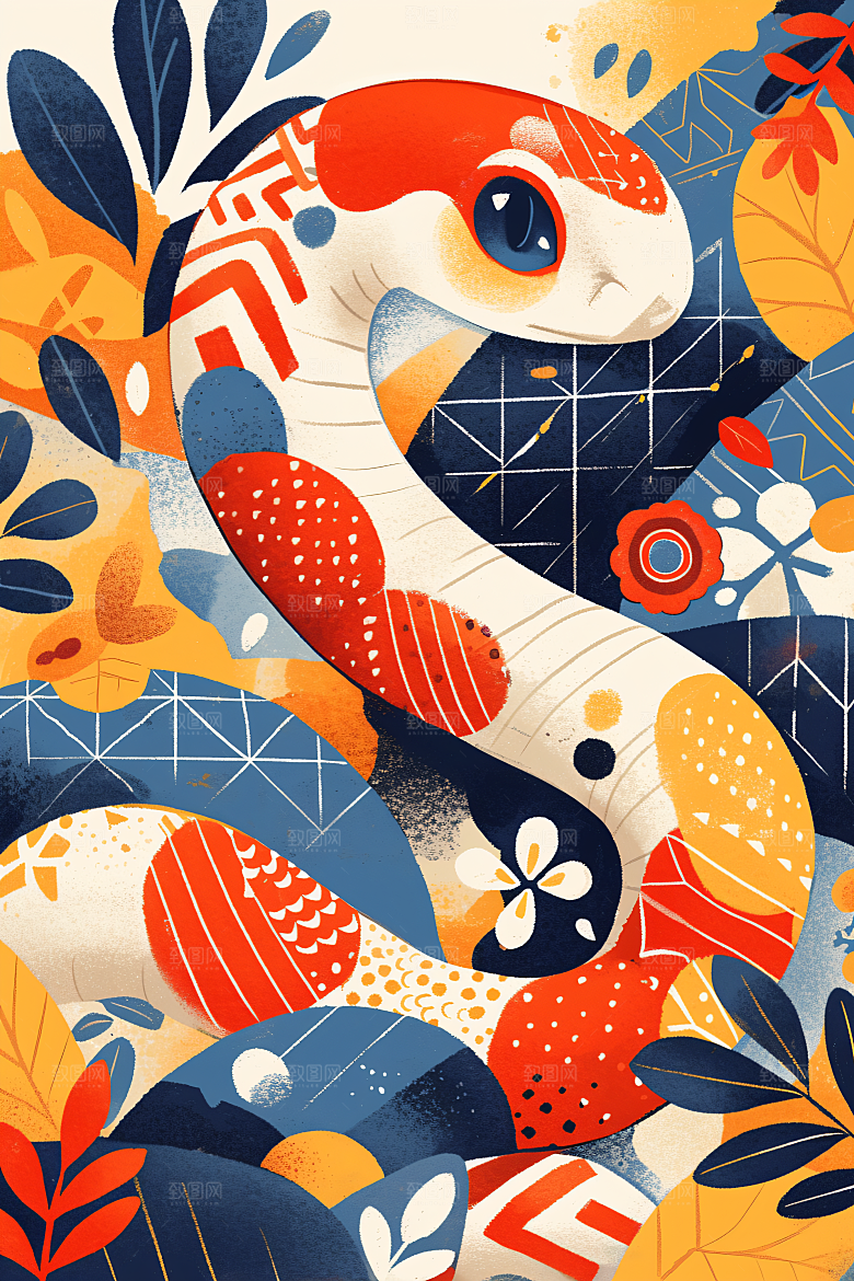 扁平风蛇年彩色自然插画
