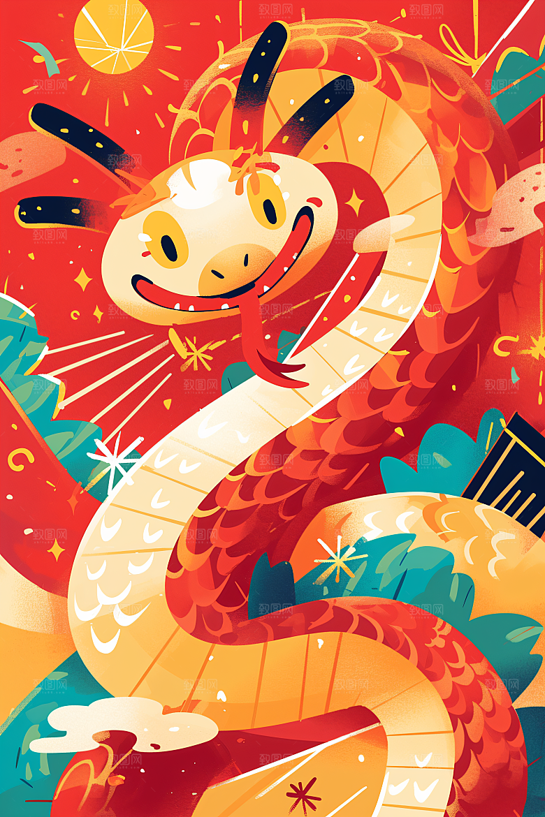 扁平风蛇年生态涂鸦插画
