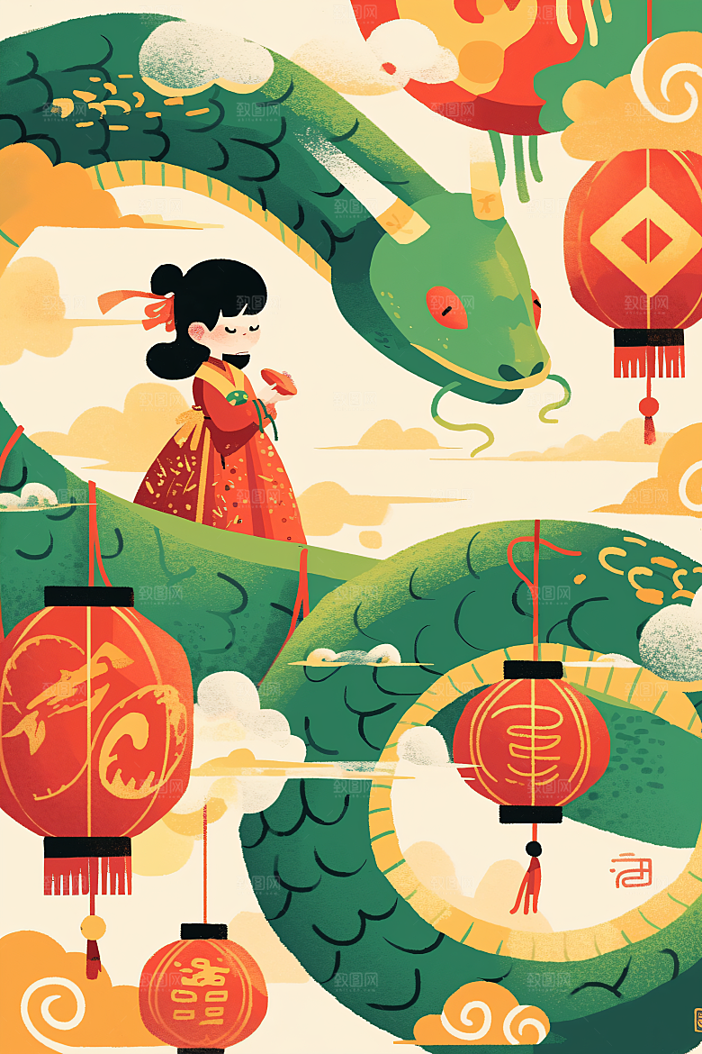 扁平风蛇年艺术生态插画