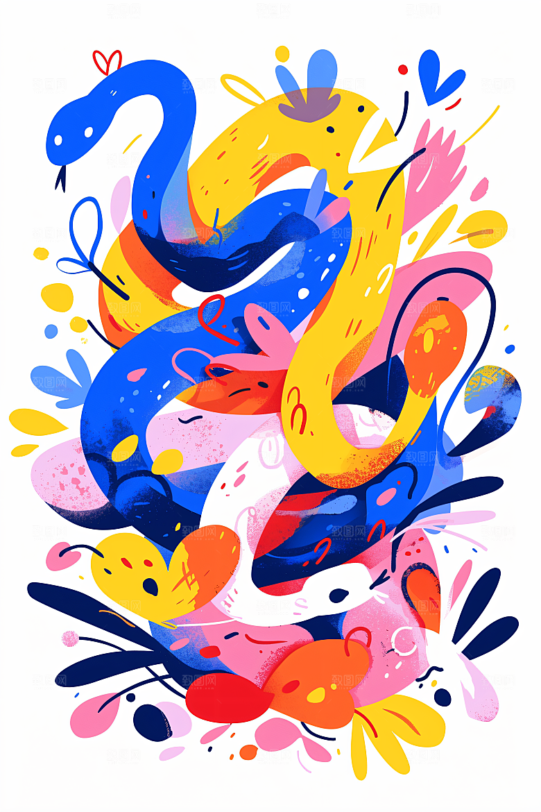 扁平风蛇年艺术撞色插画
