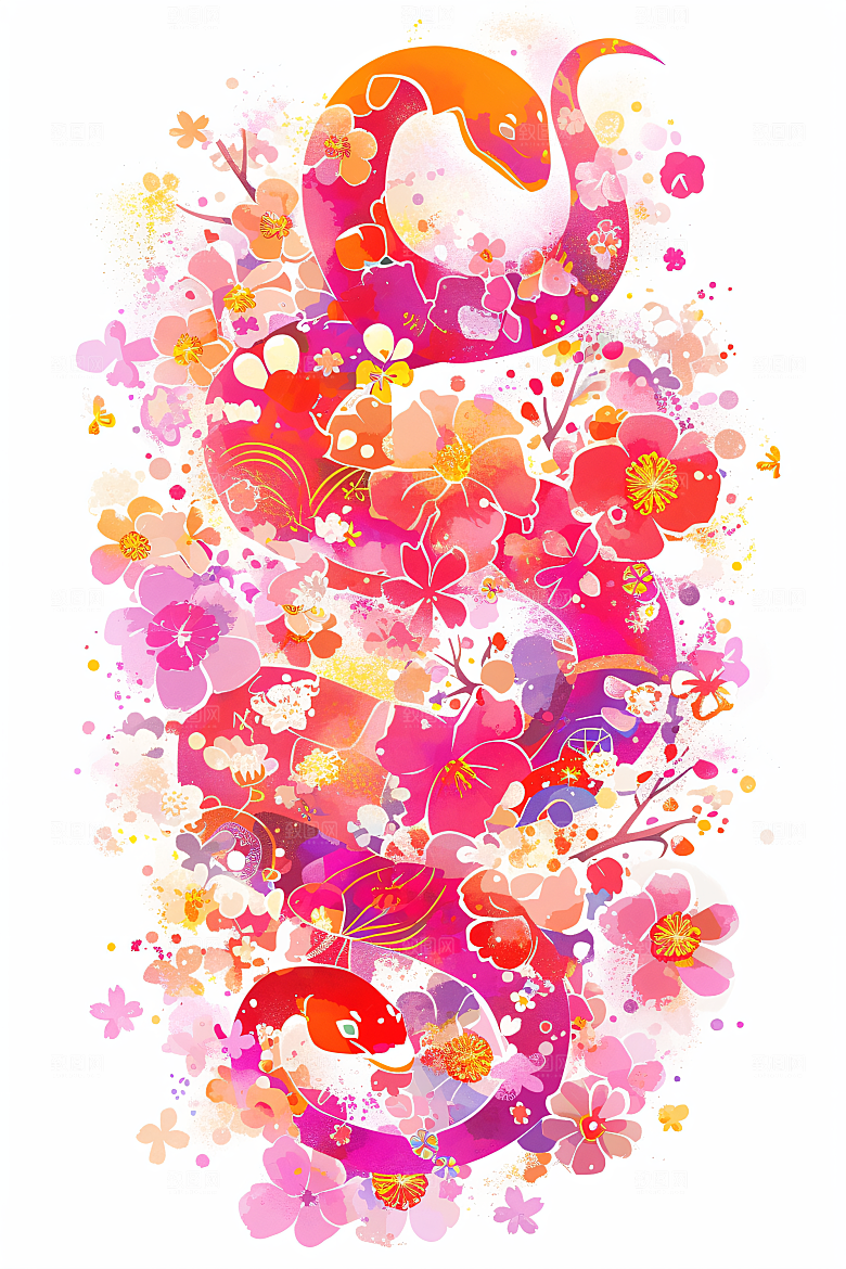 扁平风蛇年涂鸦撞色插画