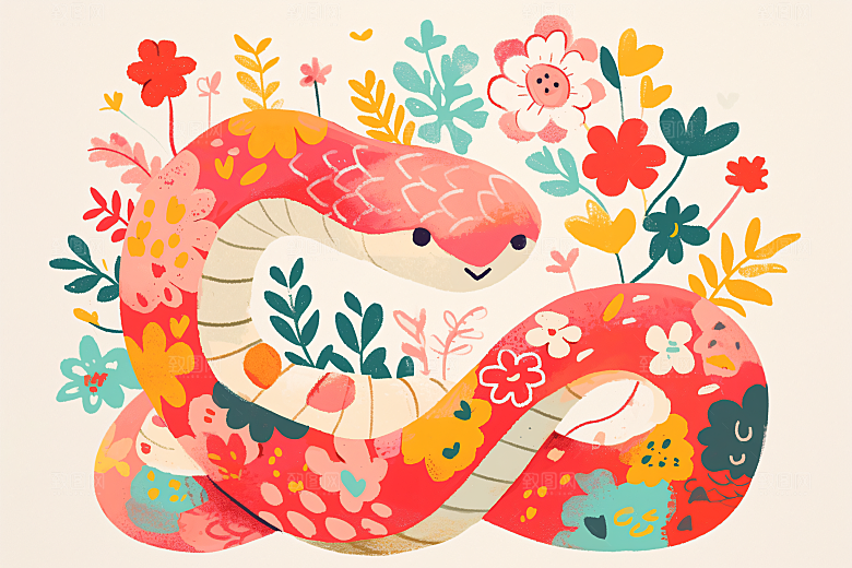 扁平风蛇年撞色清新插画