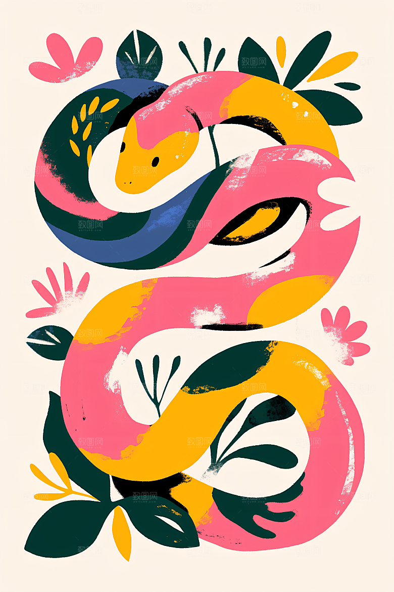 扁平风蛇年撞色手绘插画