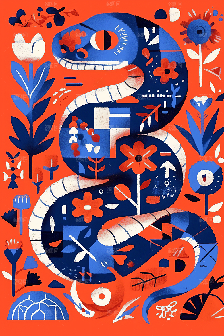 扁平风蛇年动物手绘插画