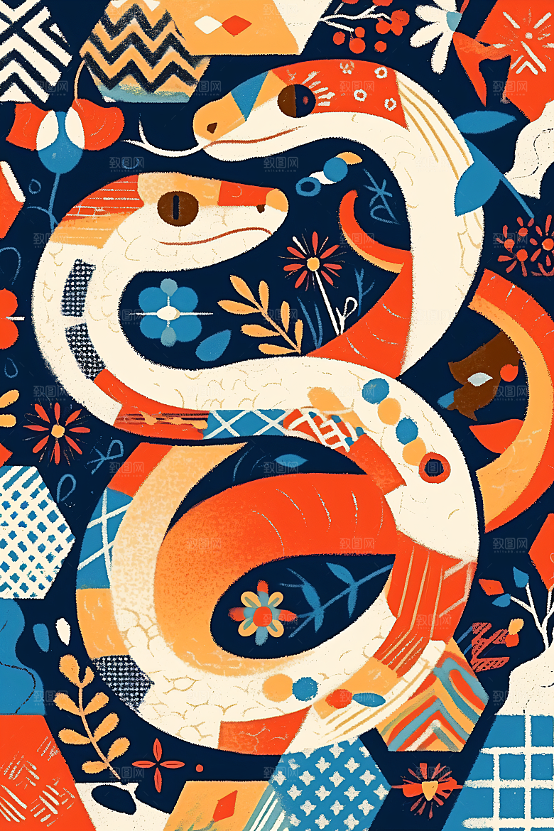 扁平风蛇年自然撞色插画