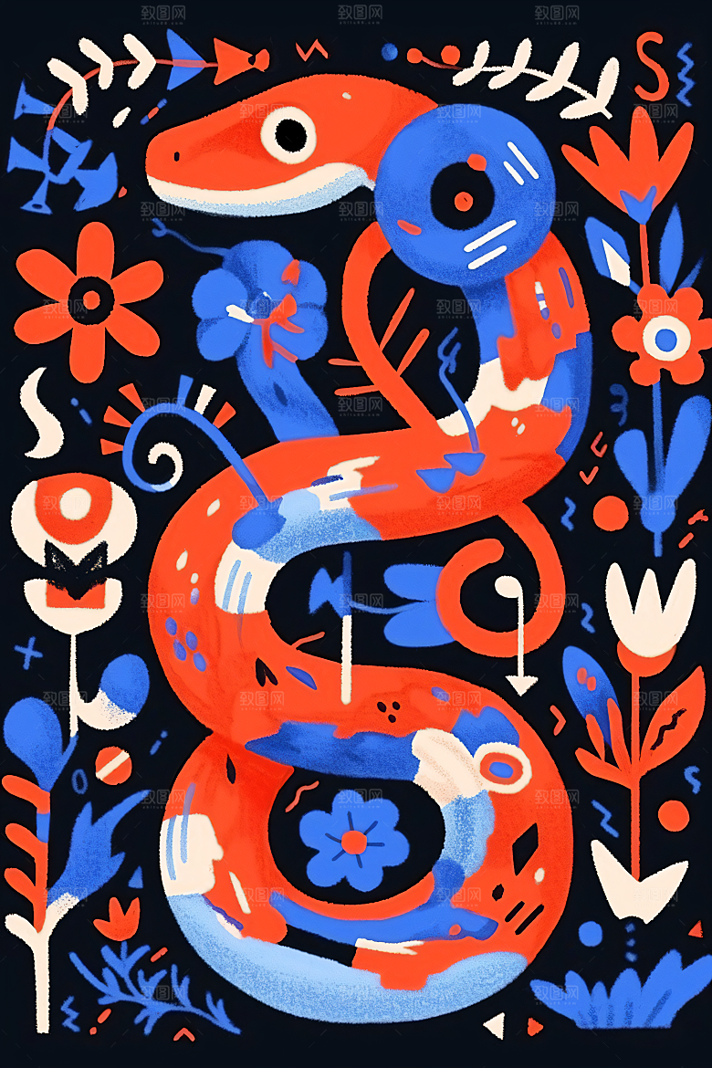 扁平风蛇年平面撞色插画