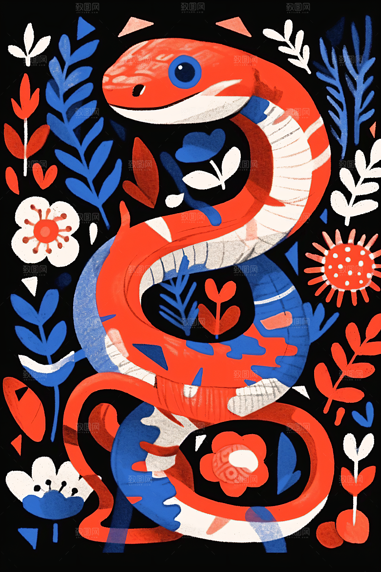扁平风蛇年手绘涂鸦插画