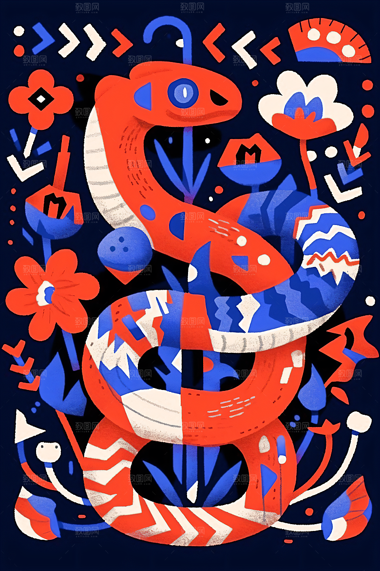 扁平风蛇年简约平面插画