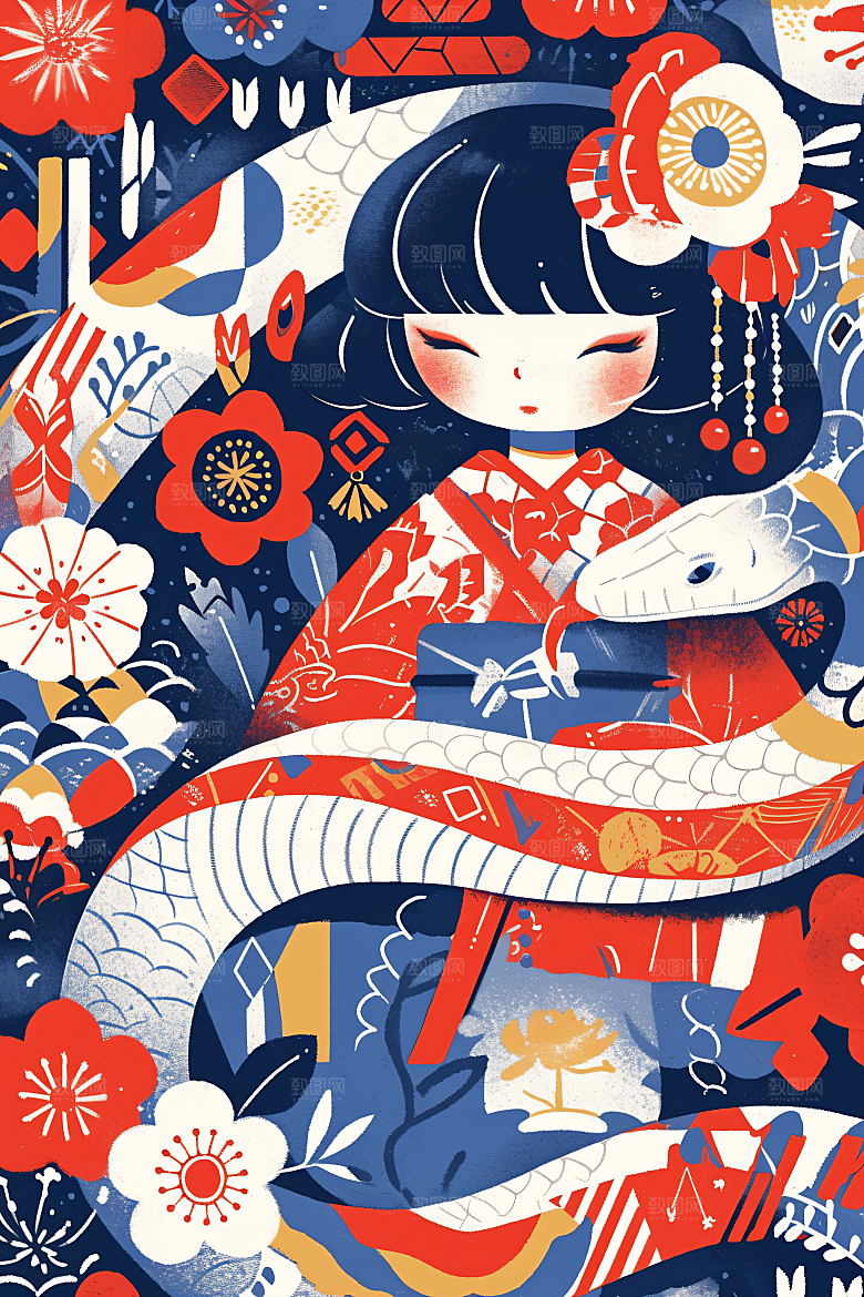 扁平风蛇年几何涂鸦插画
