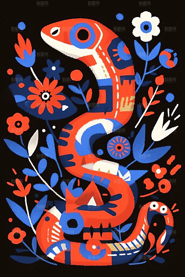 扁平风蛇年手绘生态插画