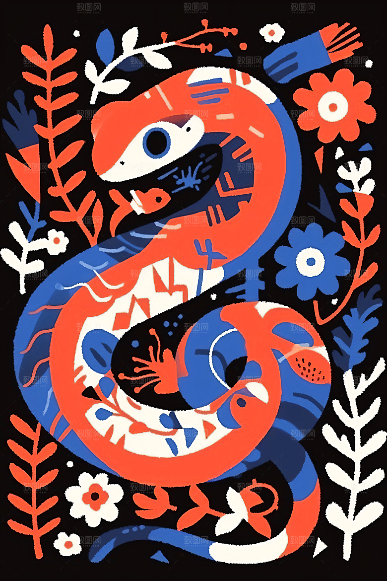 扁平风蛇年撞色平面插画