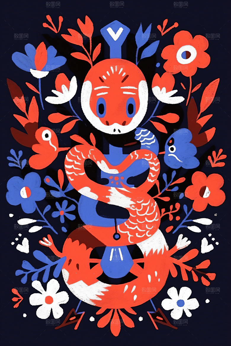 扁平风蛇年撞色几何插画