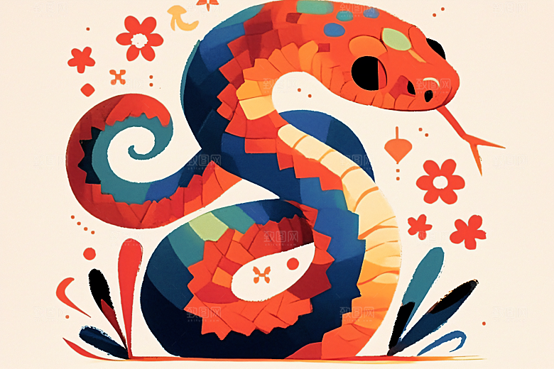 扁平风蛇年手绘彩色插画