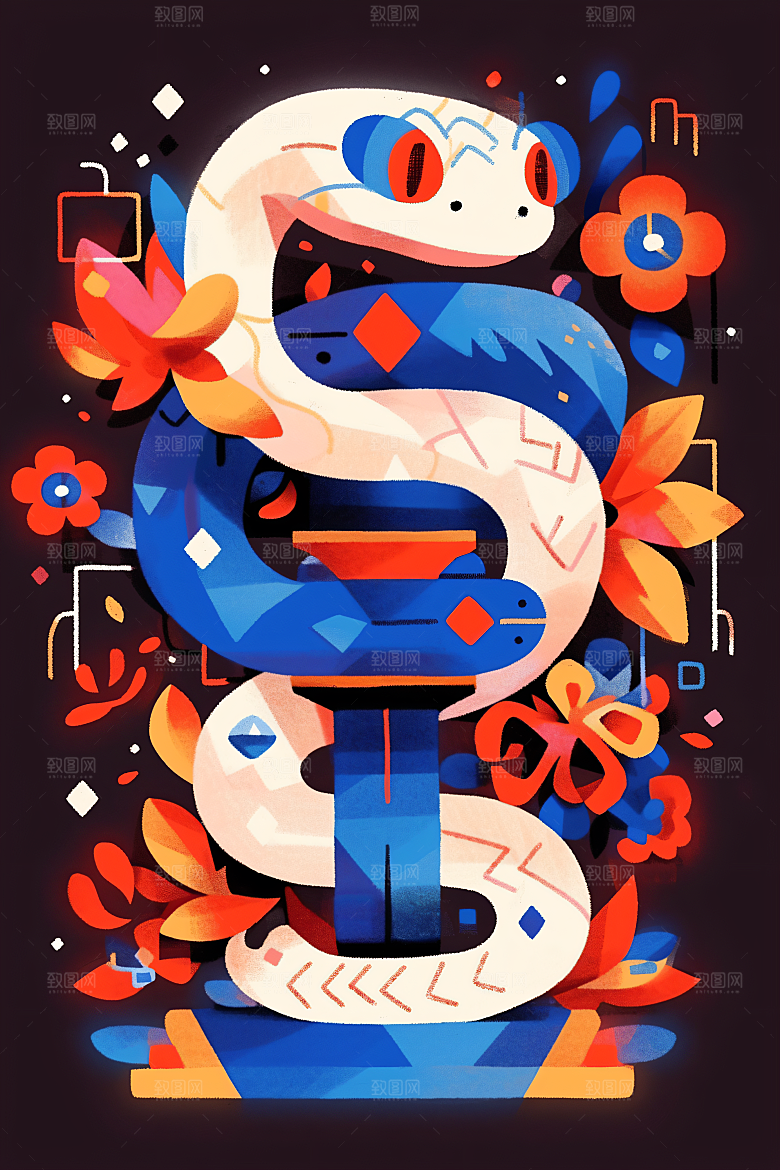 扁平风蛇年色块简约插画
