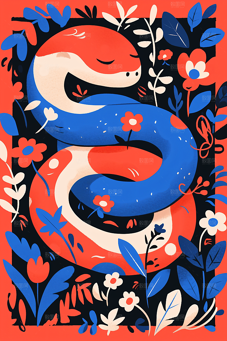 扁平风蛇年涂鸦撞色插画