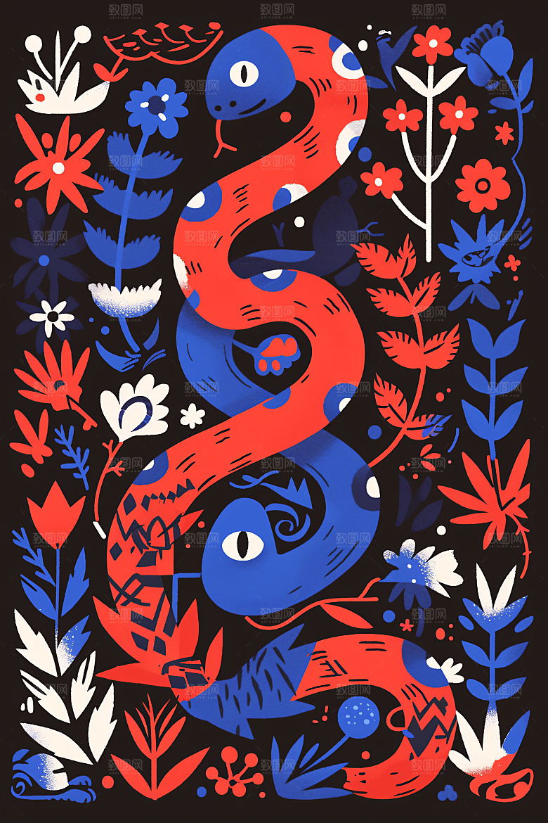 扁平风蛇年动物平面插画