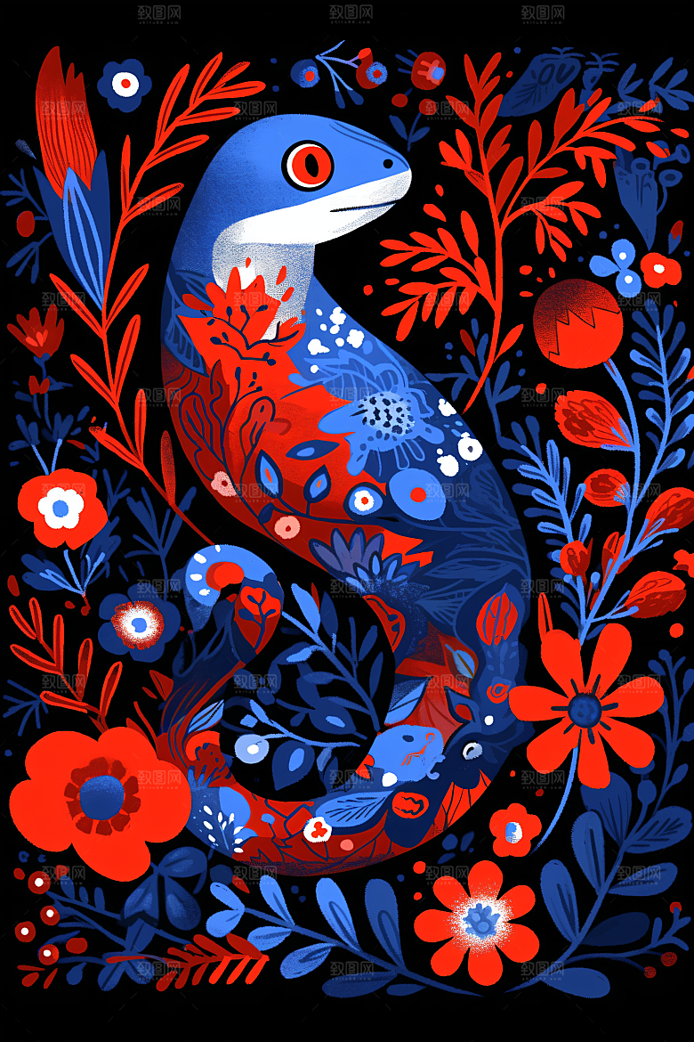 扁平风蛇年色块平面插画