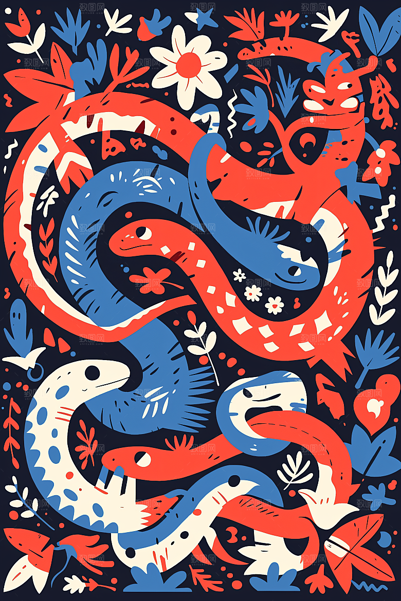 扁平风蛇年撞色手绘插画