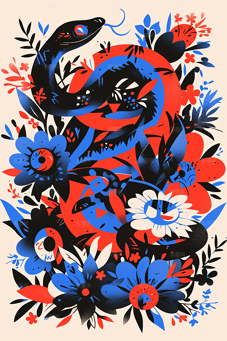 扁平风蛇年生态涂鸦插画