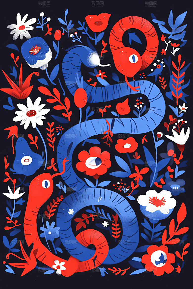 扁平风蛇年色块手绘插画