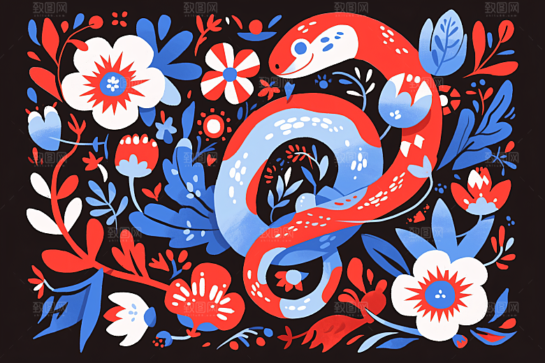 扁平风蛇年色块动物插画