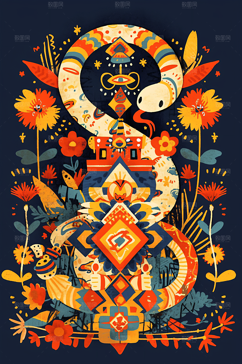 扁平风蛇年平面撞色插画