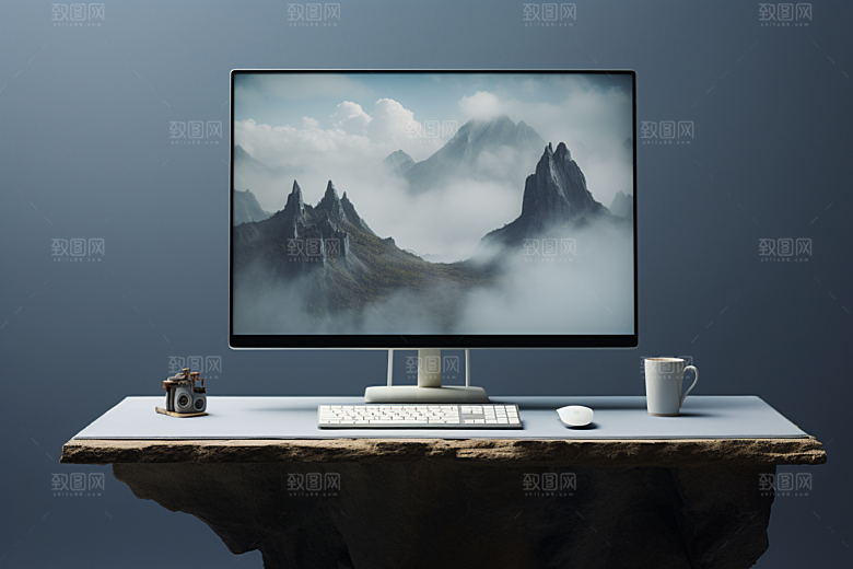 办公桌面和电脑简约办公桌摄影图