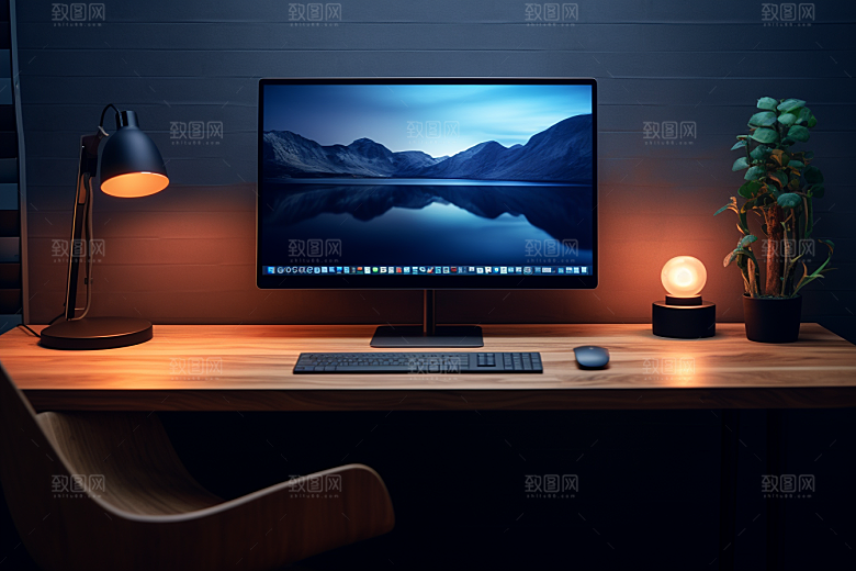 办公桌面和电脑室内办公桌摄影图