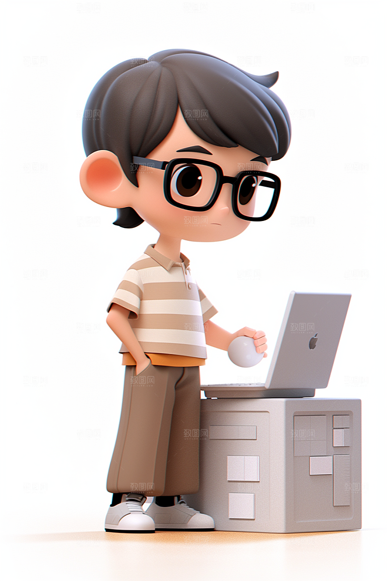 电脑工作人物3D卡通模型