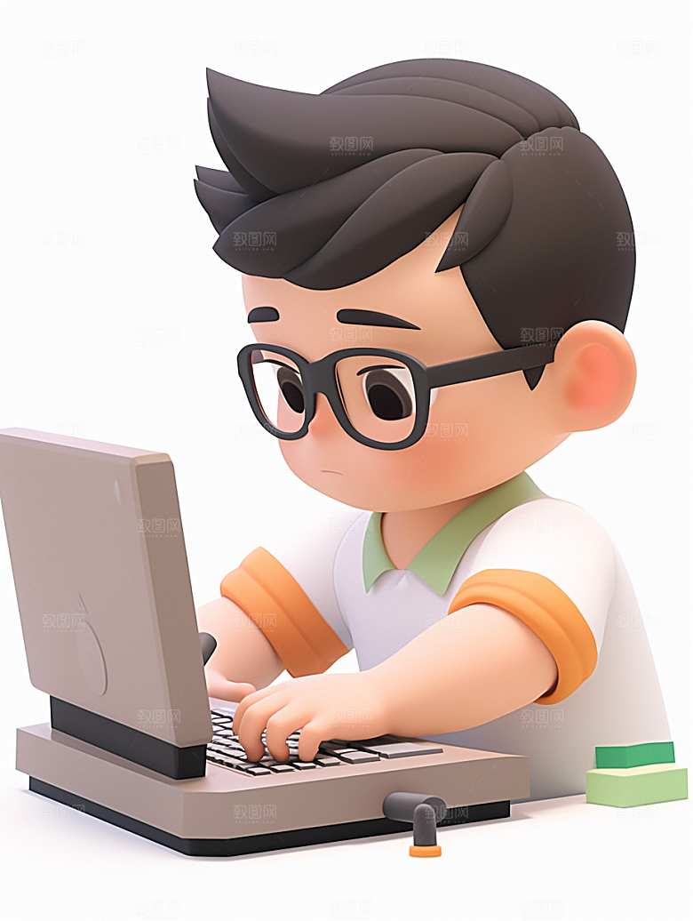 电脑工作人物加班卡通模型