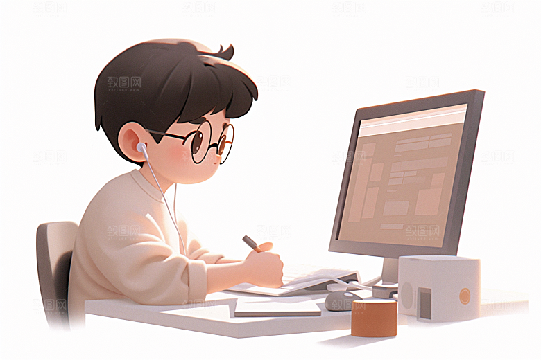 电脑工作人物办公室卡通模型