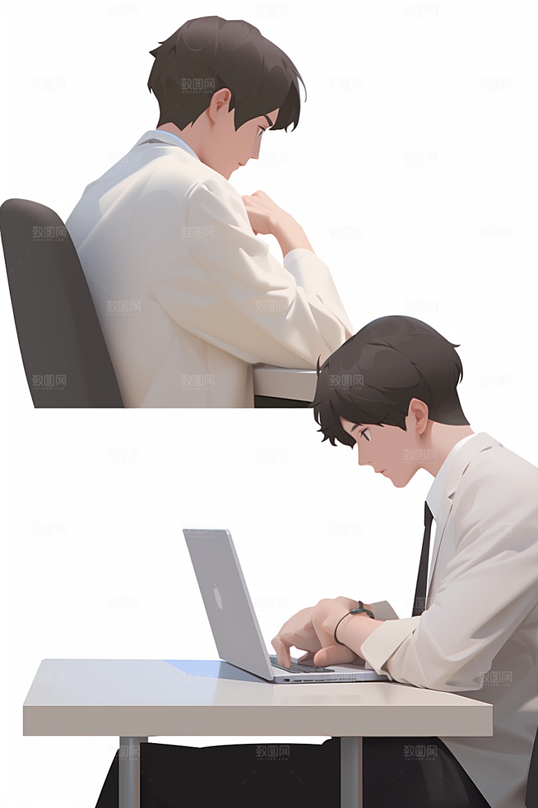 电脑工作人物3D卡通模型