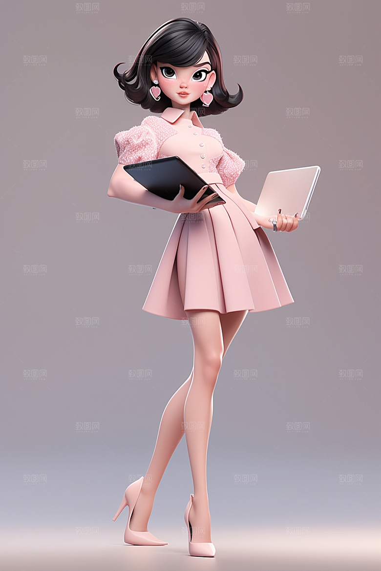 电脑工作人物加班卡通模型