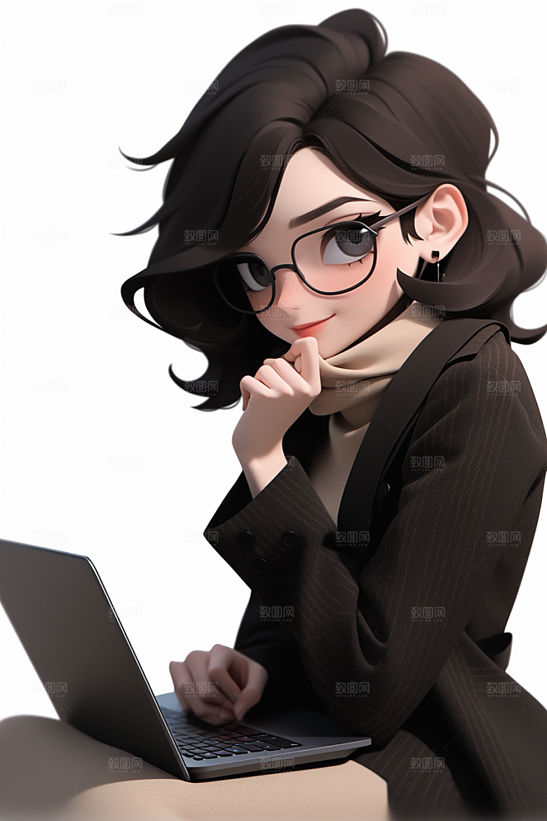 电脑工作人物卡通加班模型