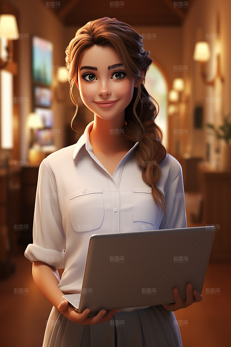 电脑工作人物高清卡通模型