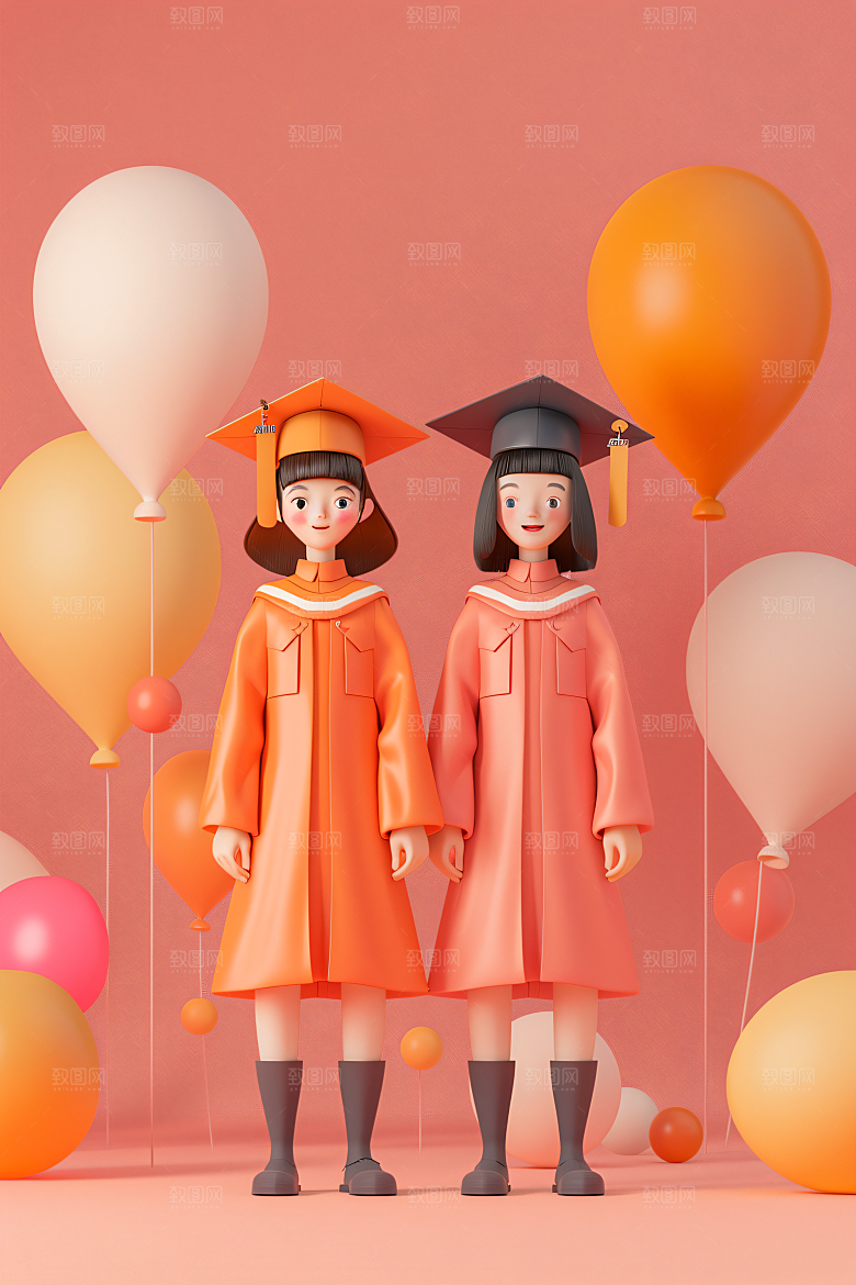 3D毕业生纯色背景卡通模型