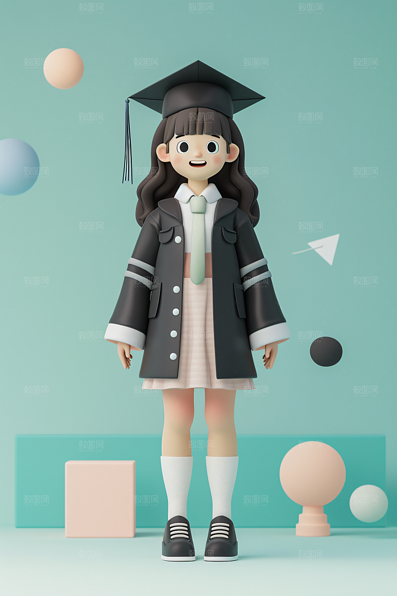3D毕业生纯色背景卡通模型