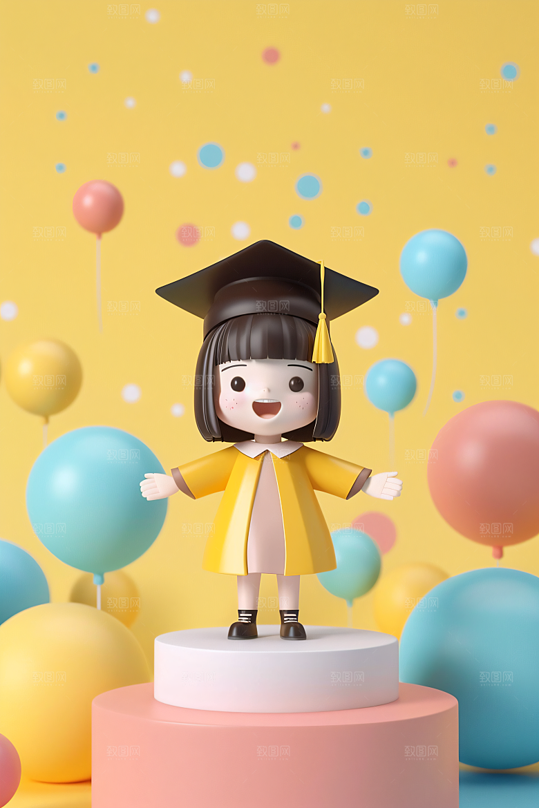 3D毕业生纯色背景粘土人模型
