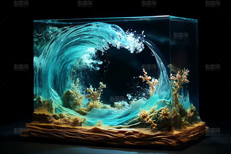 玻璃杯海浪创意艺术素材