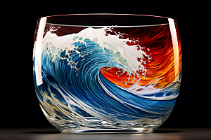玻璃杯海浪创作通透素材