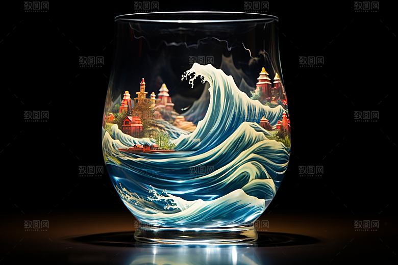 玻璃杯海浪创意高清素材