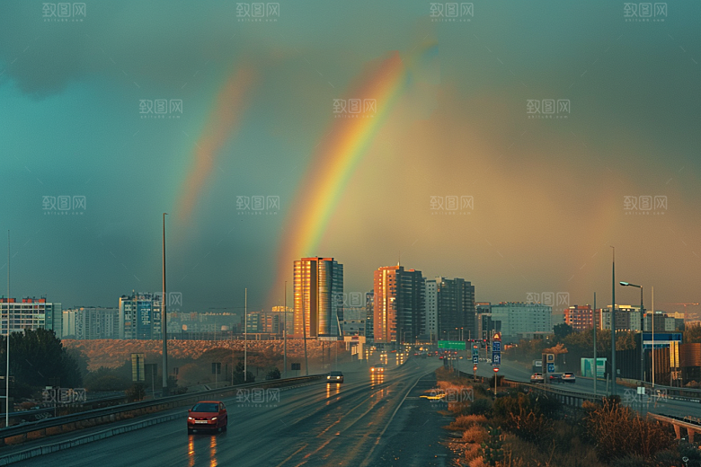 彩虹风光七彩雨后晴空摄影图