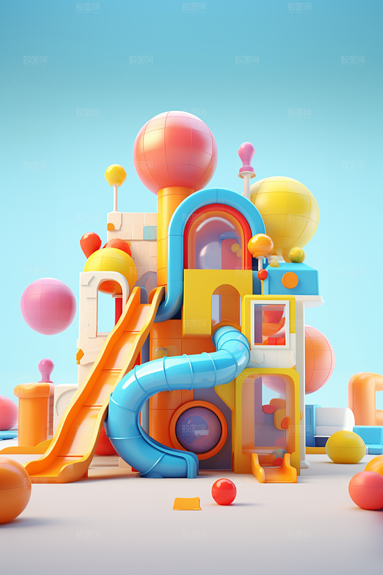 3D立体游乐园卡通滑滑梯渲染图