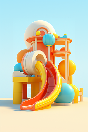 3D立体游乐园彩色童趣渲染图